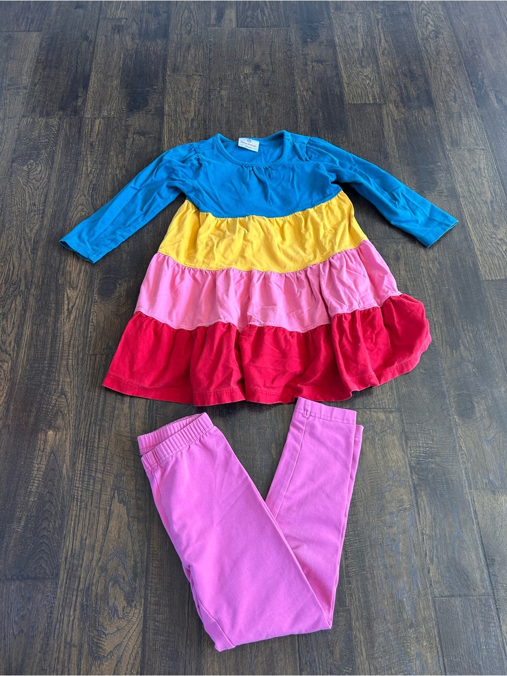 Hanna Andersson Blue, Yellow, Pink & Red Tiered Dress with Pink Leggings